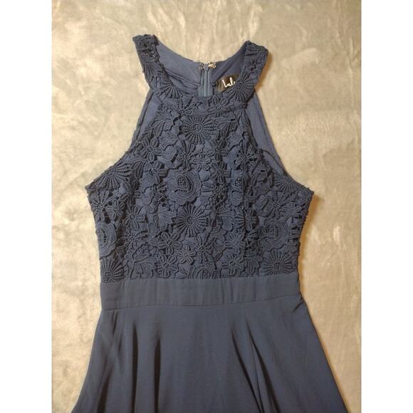 Lulus Size Small Crochet Halter Navy Blue Lace Maxi Dress Wedding Prom Formal - Picture 4 of 13